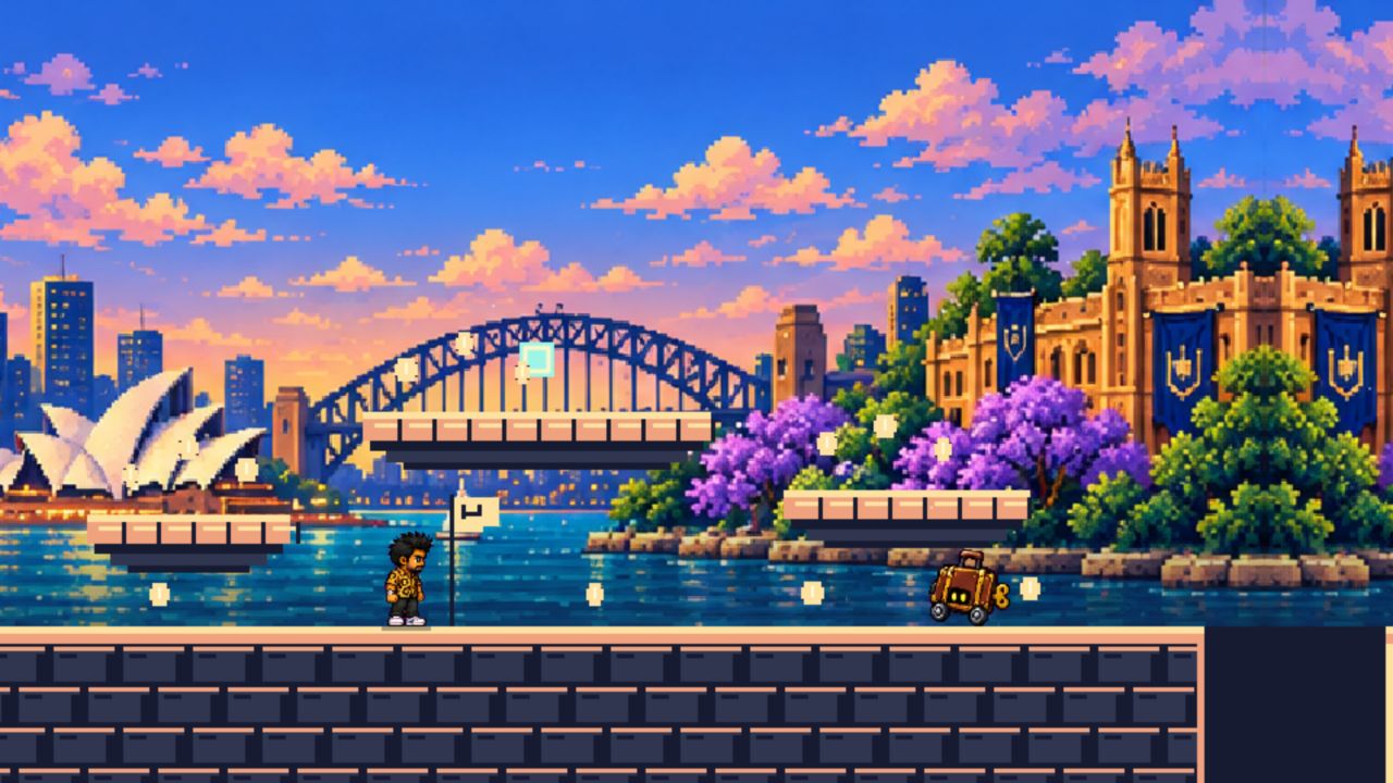 Anim’s pixel-art character beside platforms, collectible sparks and a clockwork enemy in the Sydney chapter of The Journey.